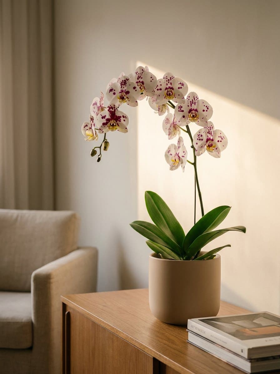 Phalaenopsis salpicada num aparador de freijó da sala, perto da janela.