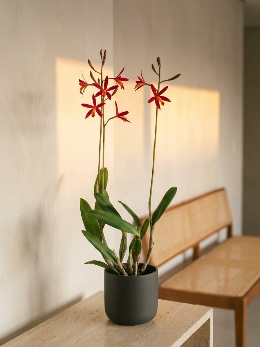 A orquídea de flores vermelhas em estrela num console de travertino, no hall de entrada.