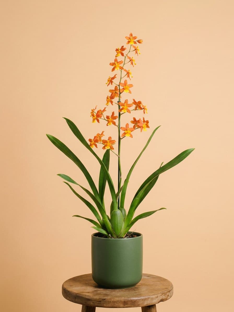 Sol de Tangerina, Oncidium Electric Orange de flores laranja em vaso de porcelana musgo, sobre um banquinho de madeira.