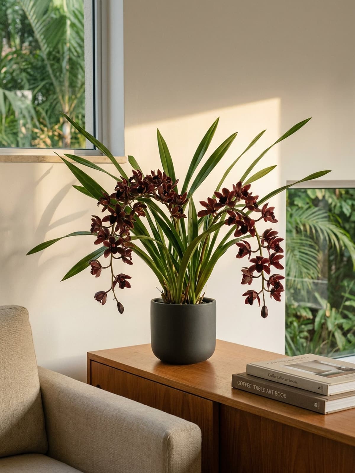 Na sala: Cymbidium pendente de flores bordô em vaso vietnamita grafite, sobre aparador de madeira clara.