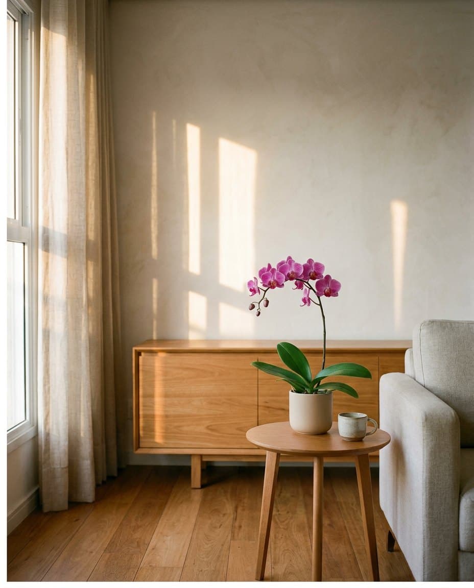 Mini Phalaenopsis magenta no vaso Areia, na mesinha ao lado da poltrona. Imagem ilustrativa.