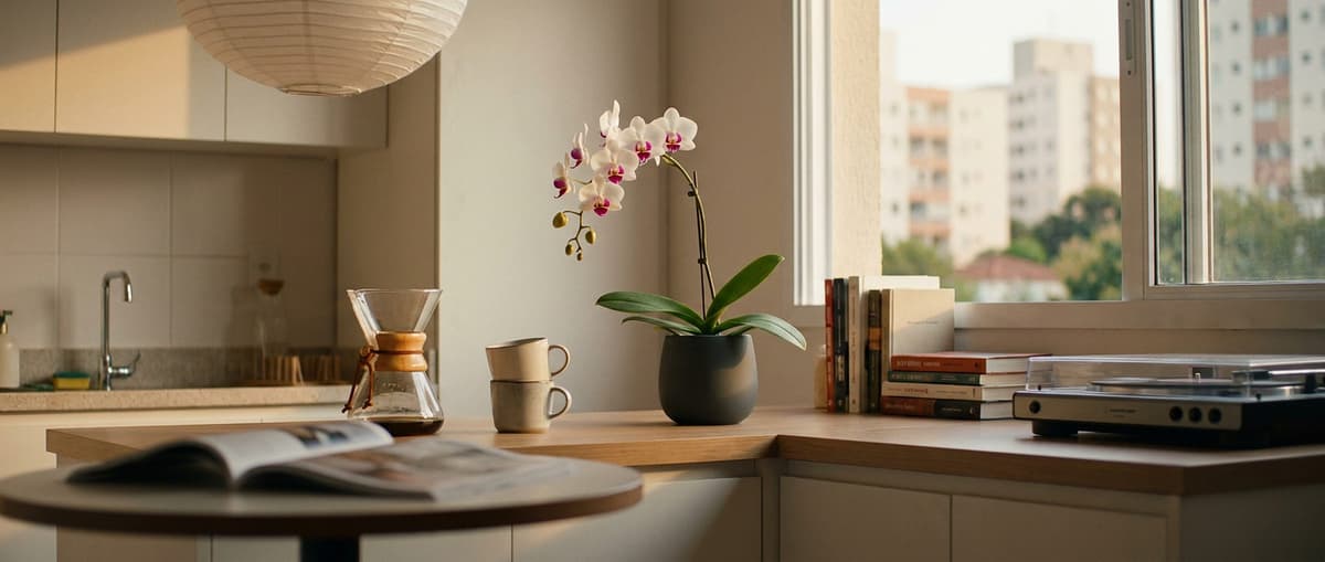 Cozinha pequena de manhã: café coado, duas xícaras empilhadas e uma mini Phalaenopsis branca em vaso grafite ao lado da janela.