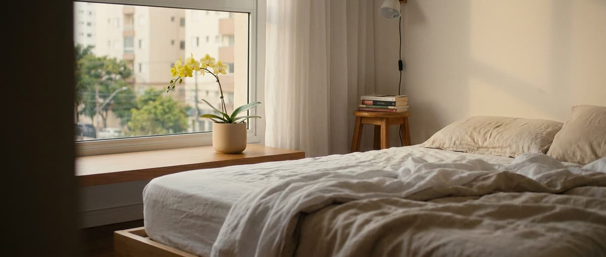 Quarto com cama baixa e linho amassado; no parapeito da janela, uma mini Phalaenopsis amarela em vaso areia.