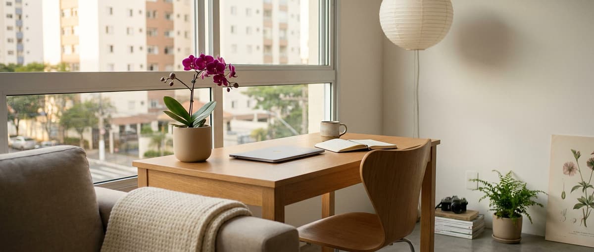 Canto de trabalho de um apartamento pequeno: mesa de madeira clara na janela, notebook fechado, e uma mini Phalaenopsis magenta em vaso areia.