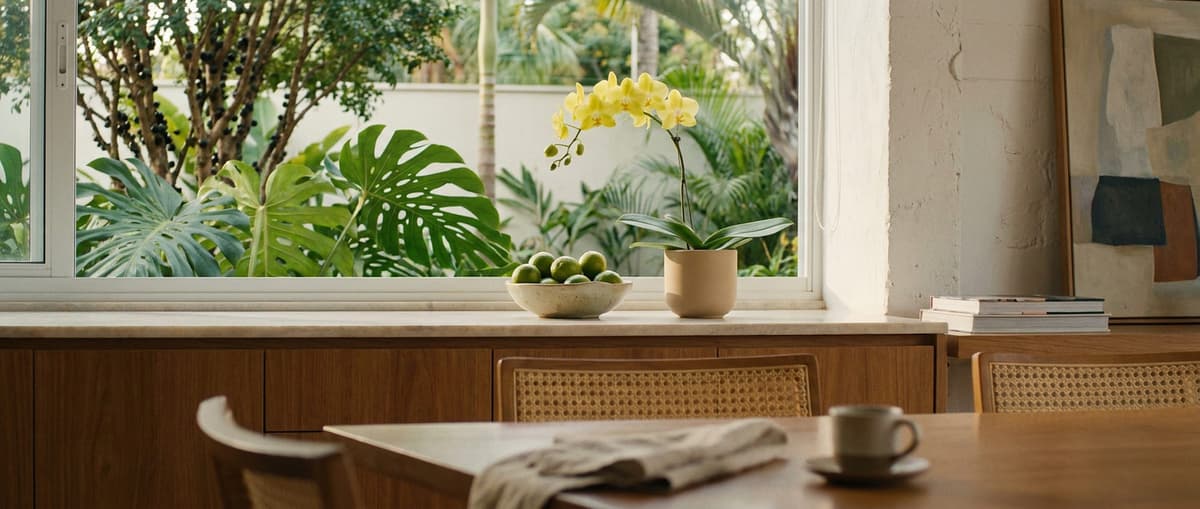 Cozinha com janela para o jardim tropical; na bancada, uma mini Phalaenopsis amarela em vaso areia ao lado de uma cumbuca de limões.