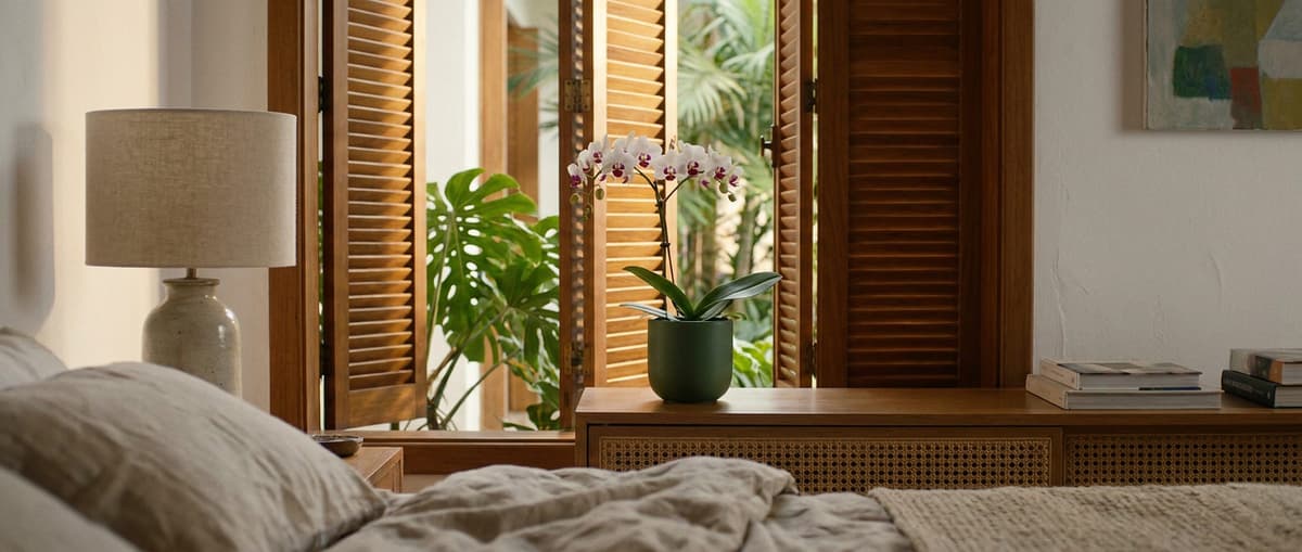 Quarto de manhã, venezianas de madeira entreabertas; no aparador de palhinha, uma mini Phalaenopsis branca em vaso musgo.