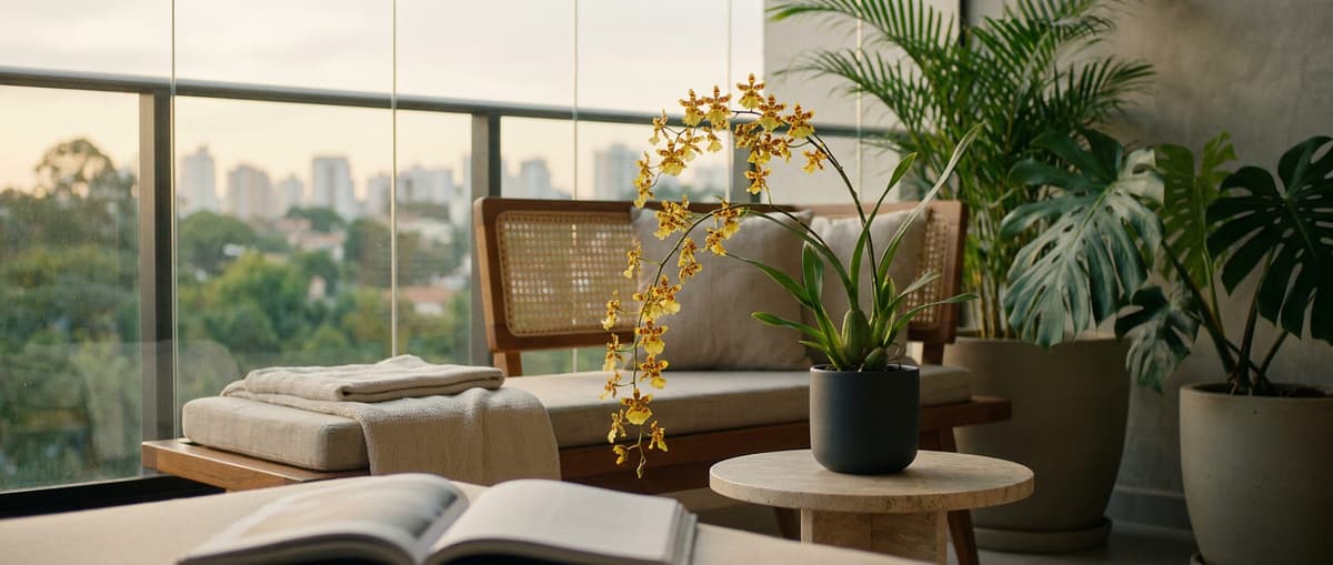 Varanda no fim da tarde, a cidade ao fundo; numa mesa de travertino, um Odontocidium amarelo em vaso grafite.
