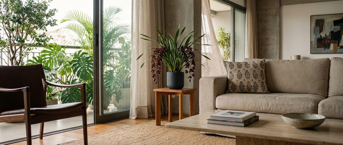 Sala de apartamento com porta de vidro para a varanda cheia de plantas; ao lado do vidro, um Cymbidium bordô em vaso grafite.
