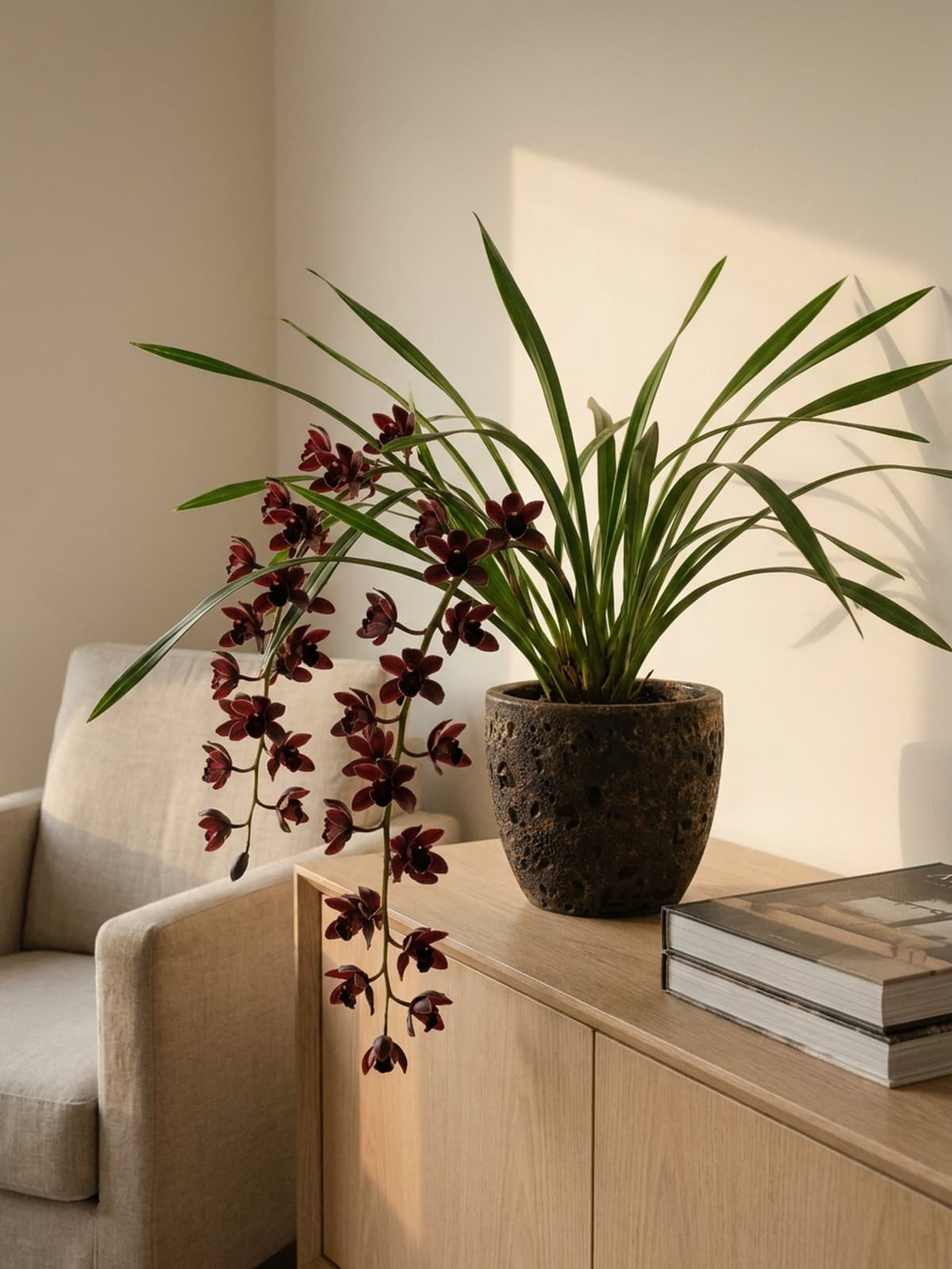 Cymbidium bordô em vaso vietnamita grafite, sobre aparador.