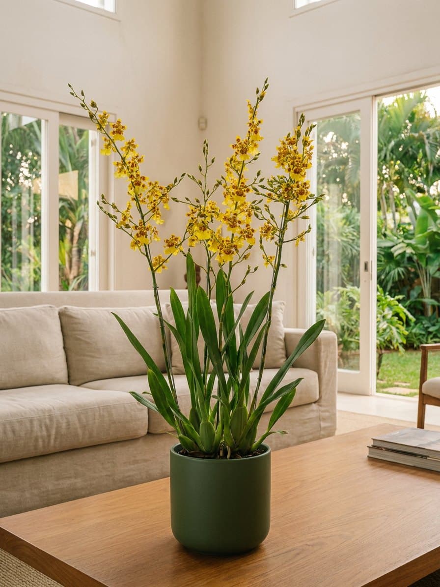 Oncidium amarelo tigrado na mesa de centro de uma sala ampla, com sofá de linho e portas para o jardim.