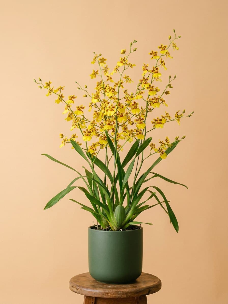 Oncidium amarelo tigrado de castanho, de hastes altas e ramificadas, em vaso de porcelana musgo, sobre um banco de madeira.