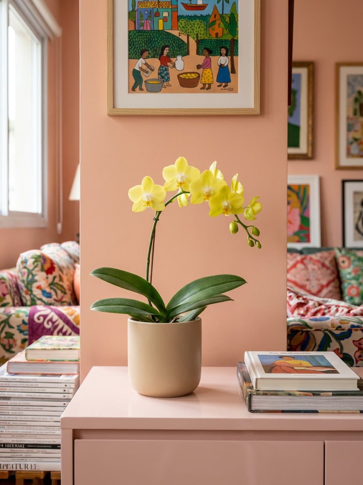 Mini Phalaenopsis amarela em vaso de porcelana areia, num aparador rosa contra parede salmão com um quadro colorido.