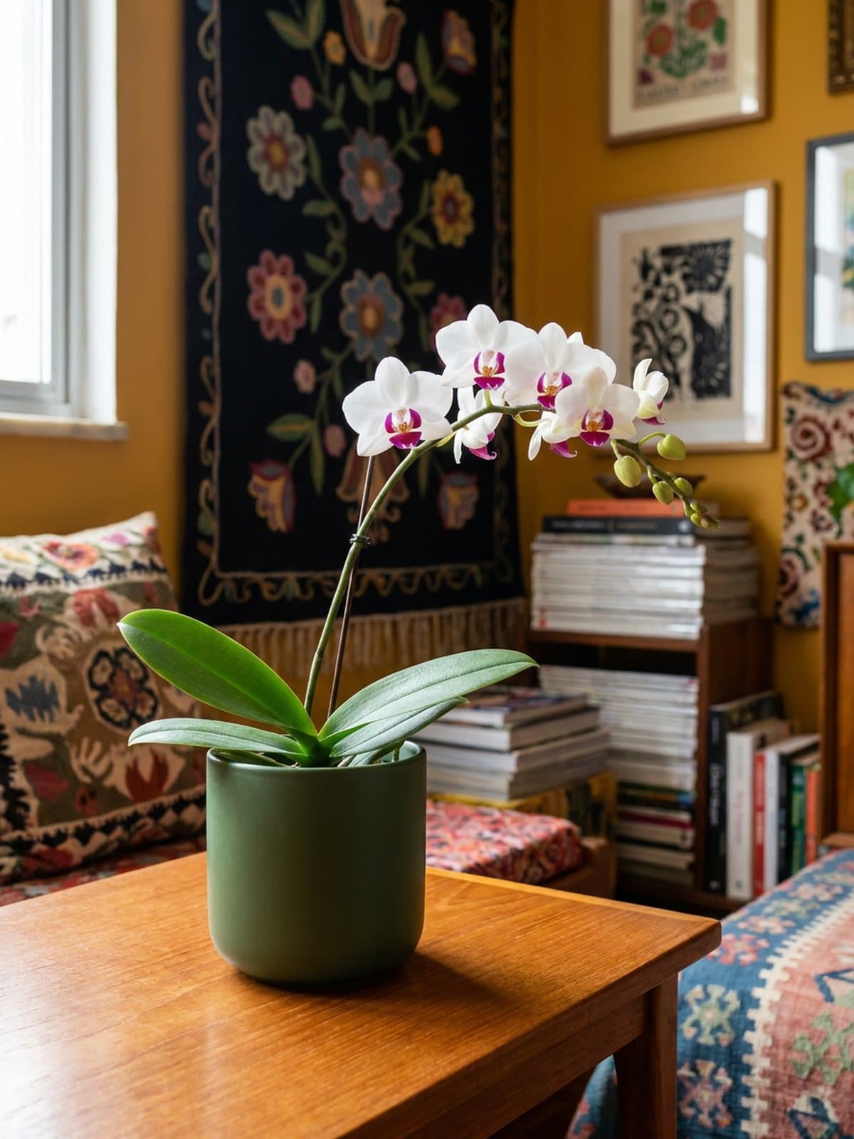 Mini Phalaenopsis branca de labelo magenta em vaso de porcelana musgo, diante de uma tapeçaria escura de flores.