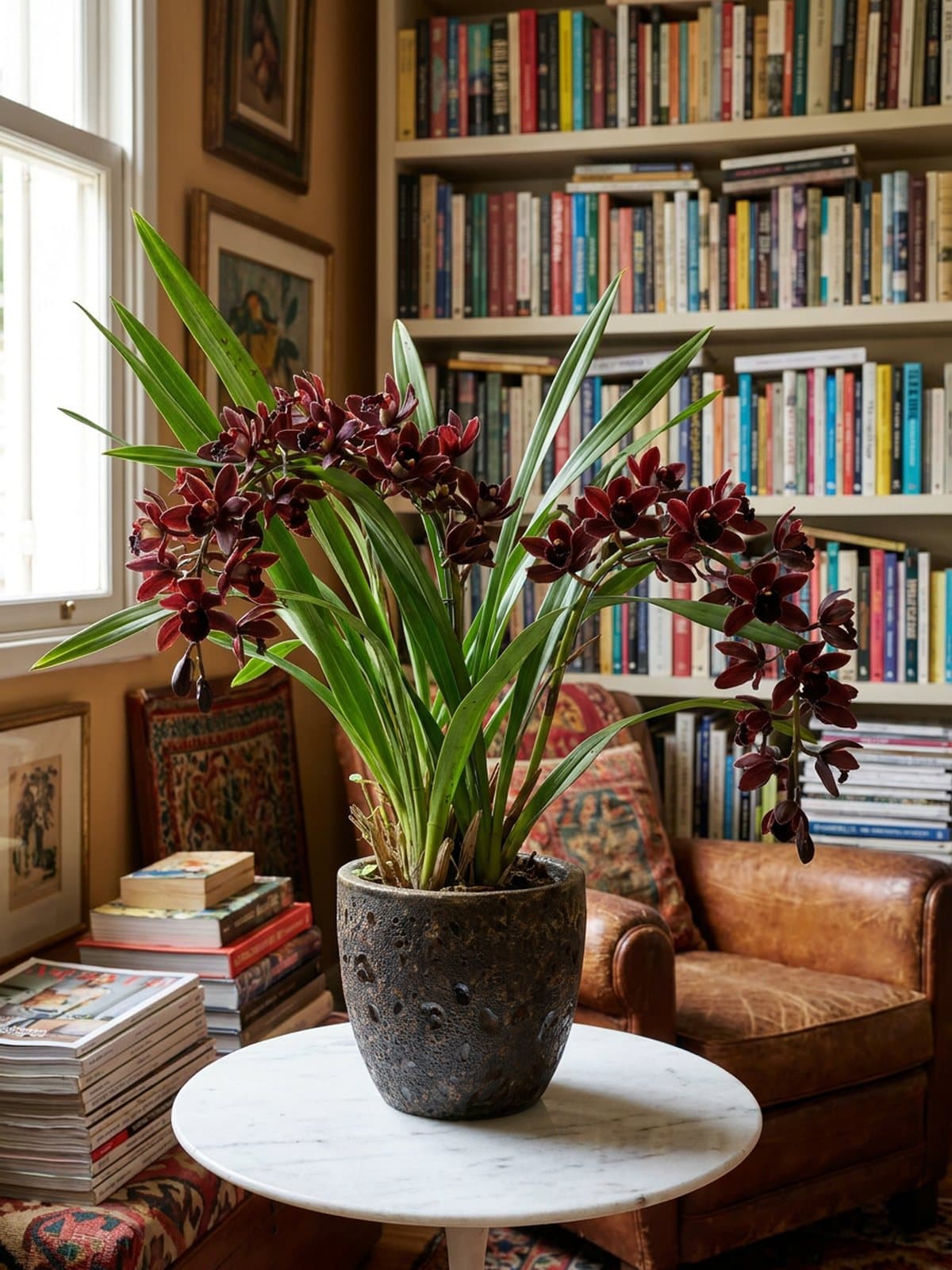Cymbidium pendente bordô em vaso vietnamita grafite numa mesa de mármore, com uma estante cheia de livros atrás.