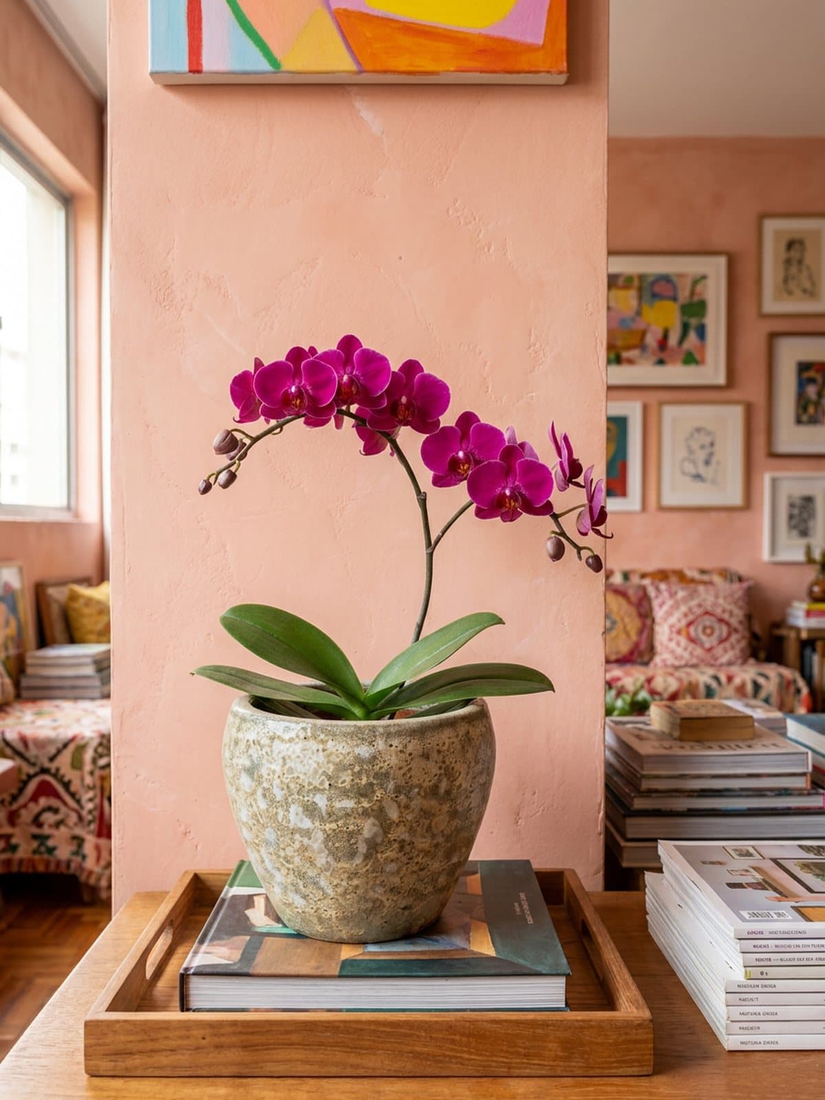 Mini Phalaenopsis magenta em vaso vietnamita celadon, numa bandeja com livros contra parede pêssego.