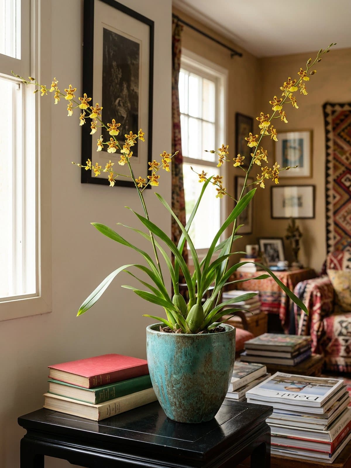 Odontocidium amarelo-tigrado em vaso vietnamita turquesa, numa mesa preta ao lado de livros de capa de pano.