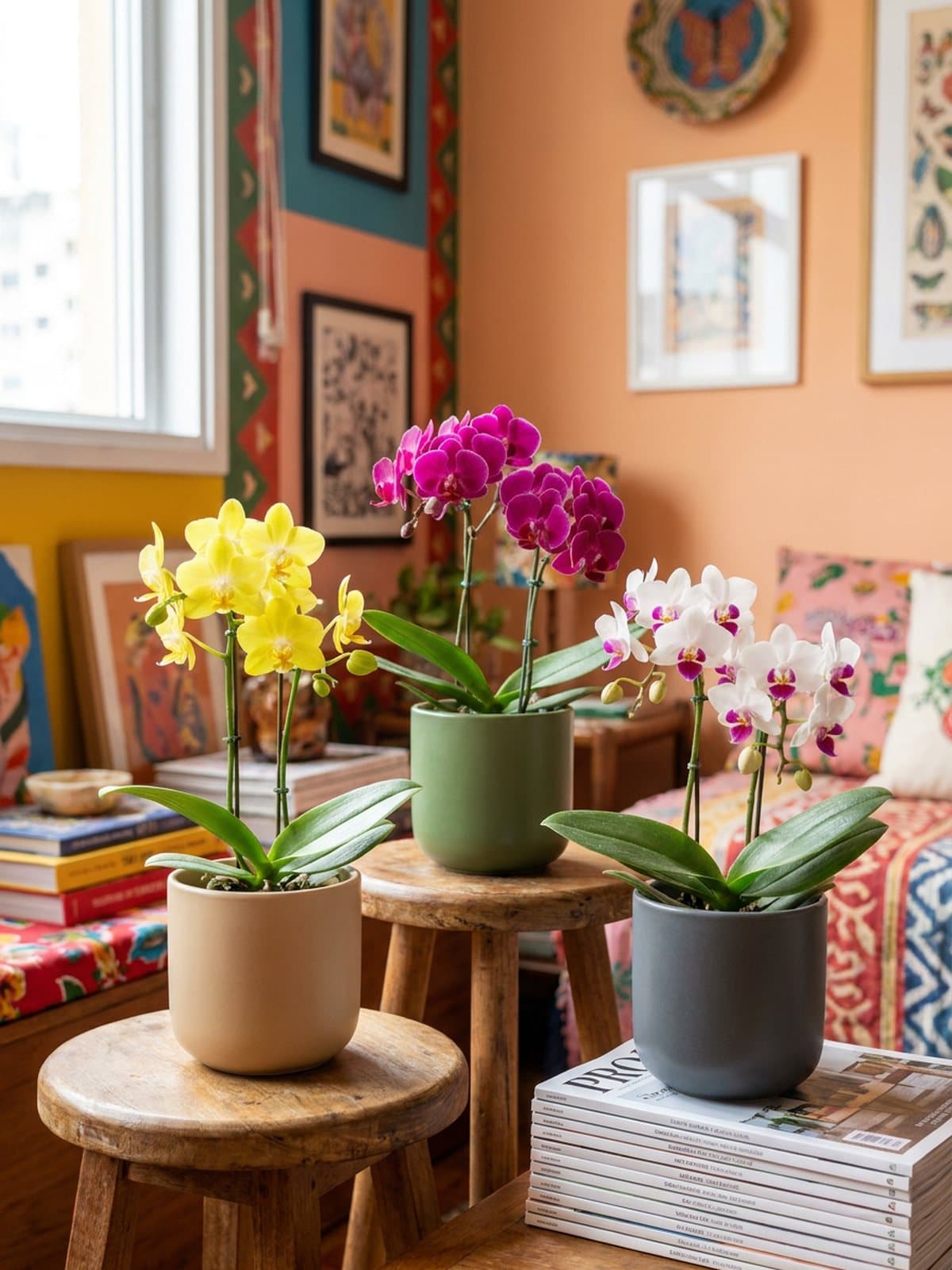 Três mini Phalaenopsis, amarela, magenta e branca, nos três vasos de porcelana, sobre banquinhos de madeira.