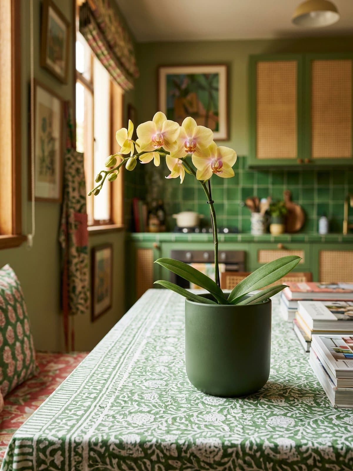 Mini Phalaenopsis amarela de centro rosado em vaso de porcelana musgo, sobre toalha estampada verde, com azulejos verdes ao fundo.
