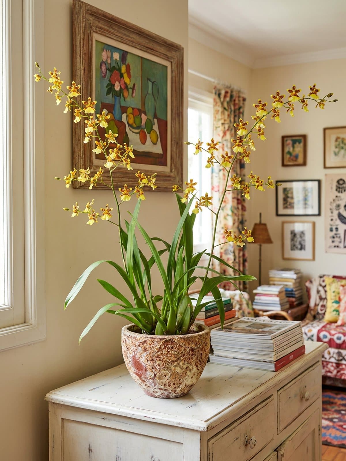 Odontocidium amarelo-tigrado em vaso vietnamita ferrugem, numa cômoda branca com uma natureza-morta na parede.