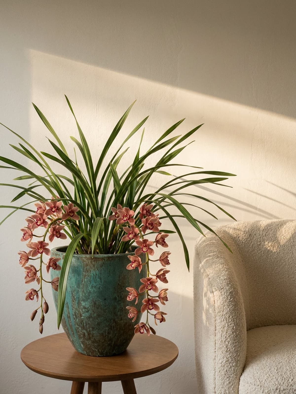 No seu negócio: Cymbidium pendente rosé em vaso vietnamita turquesa, numa mesa lateral da sala de espera.