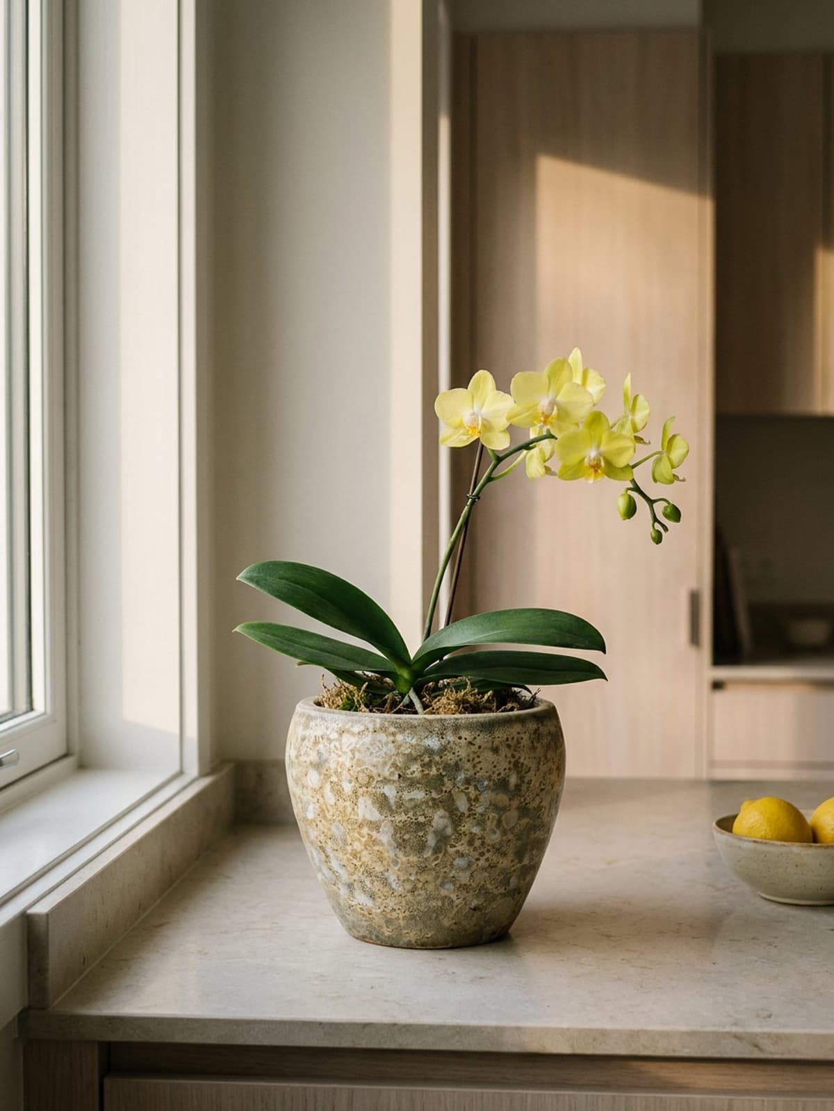Na cozinha: mini Phalaenopsis amarela em vaso vietnamita celadon, na bancada de pedra ao lado da janela.
