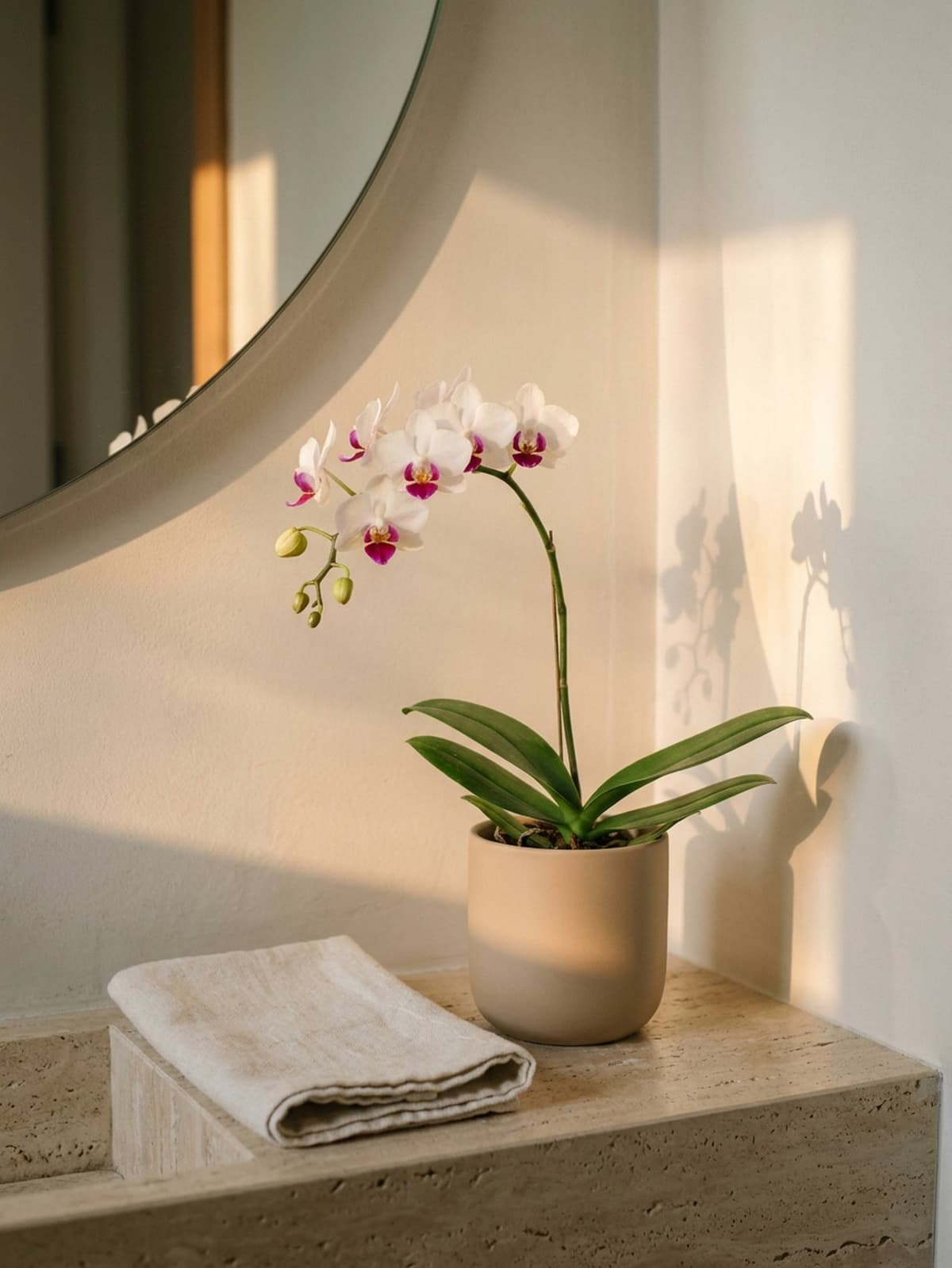 No lavabo: mini Phalaenopsis branca de labelo magenta em vaso de porcelana areia, sobre bancada de travertino.