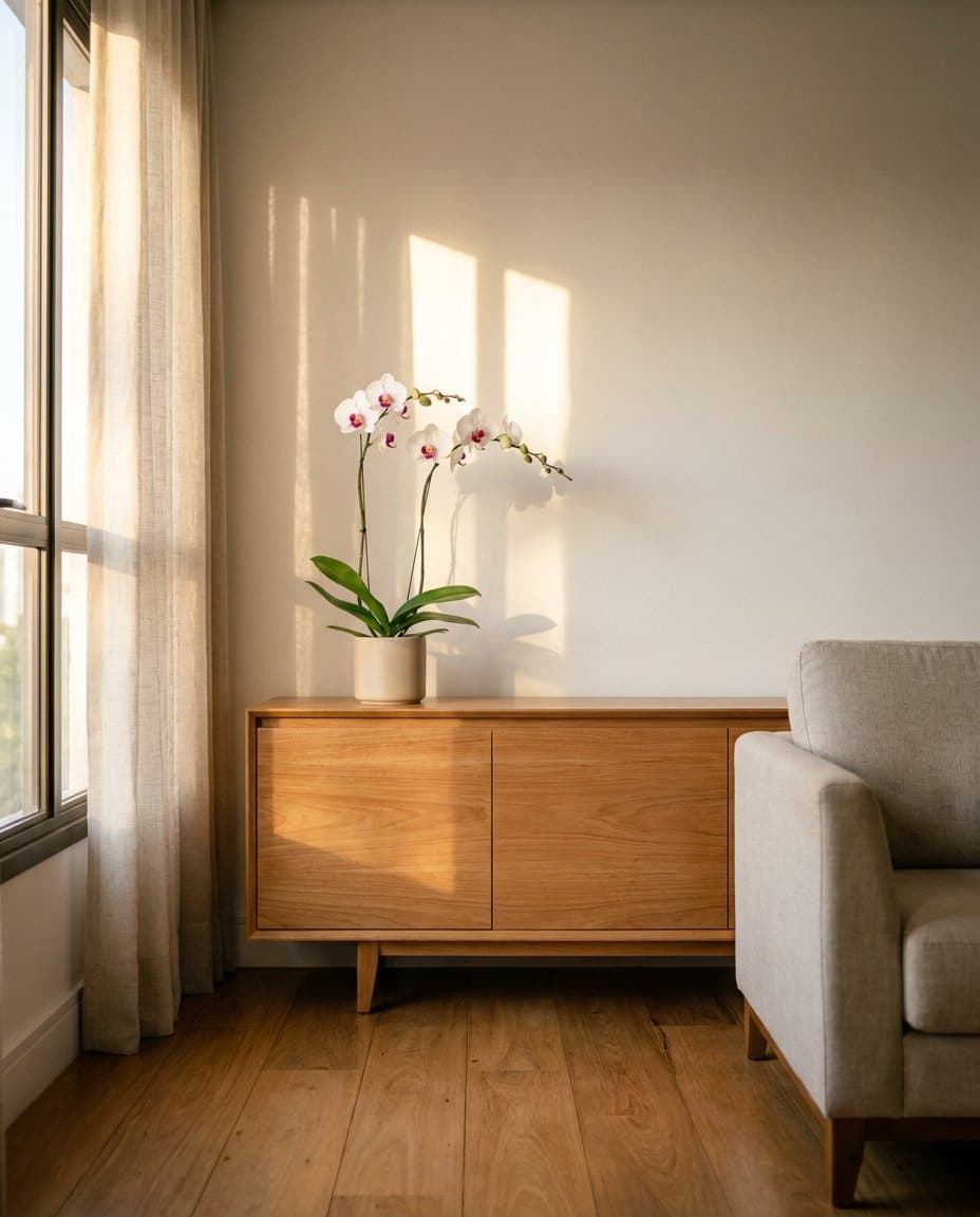 Para ser vista: Phalaenopsis branca de labelo magenta, duas hastes, com cerca de 55 cm, em vaso de porcelana areia sobre o aparador de madeira. Imagem ilustrativa.