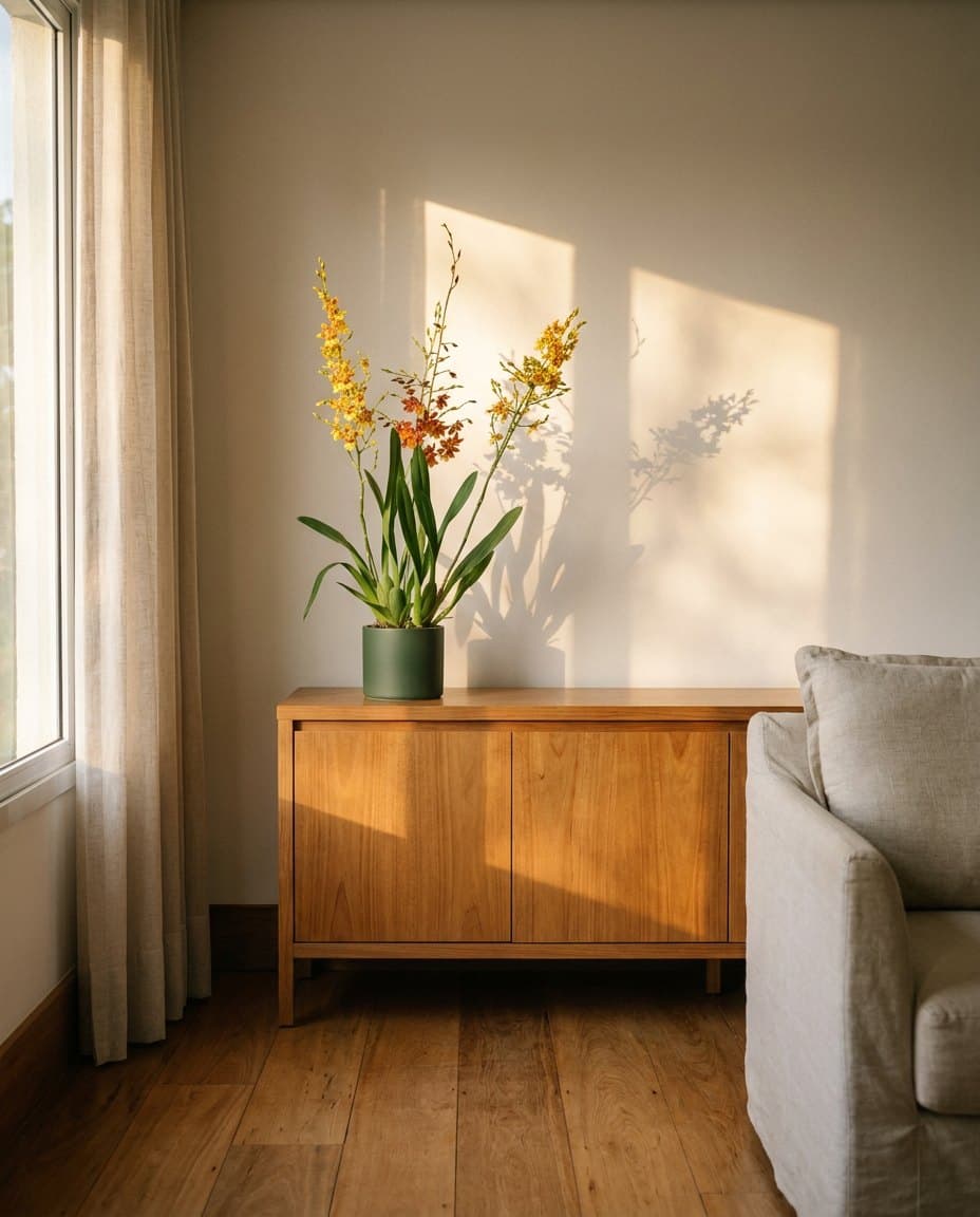 Rouba a cena: Oncidium de flores amarelas e ferrugem, três hastes, com cerca de 85 cm, em vaso de porcelana musgo sobre o aparador. Imagem ilustrativa.