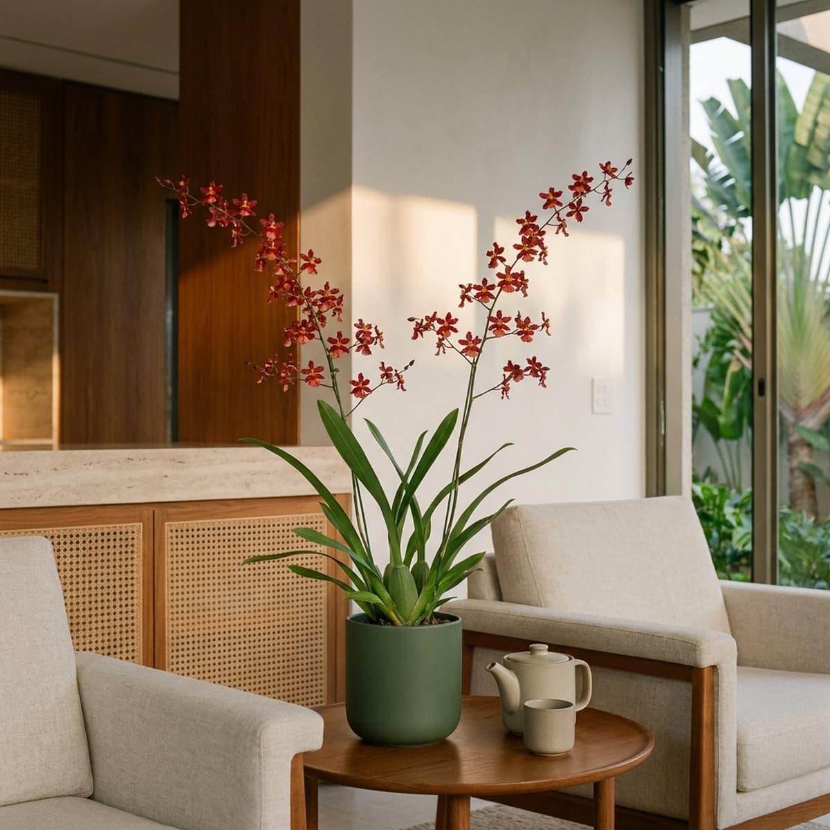 Orquídea média no centro de uma mesa de chá, entre duas poltronas.