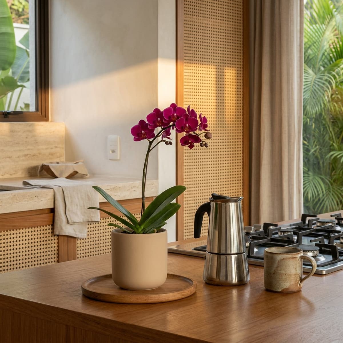 Orquídea pequena numa bandeja de cozinha, ao lado de uma cafeteira e uma caneca da mesma altura.